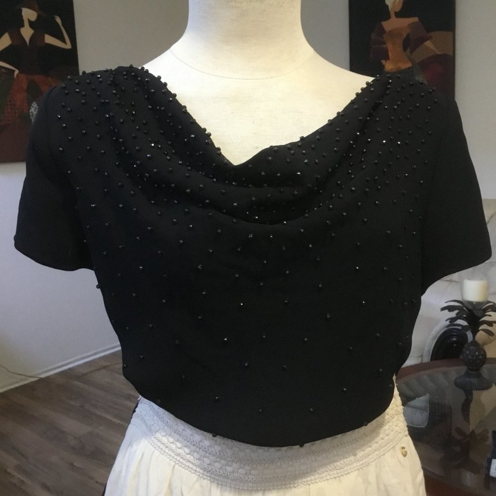 S.L .FASHION Embellished Top blouse Short Sleeve Cowl Neck Padded Blk 14